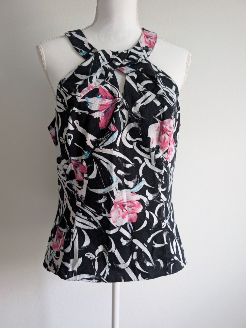 White House Black Market Floral Halter Top Blouse Pink Teal Black Accent Size 14